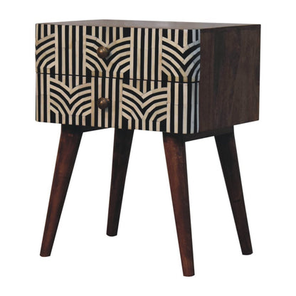 23" Black White And Brown Solid Wood Geometric Bone Inlay Two Drawer Nightstand HomeRoots