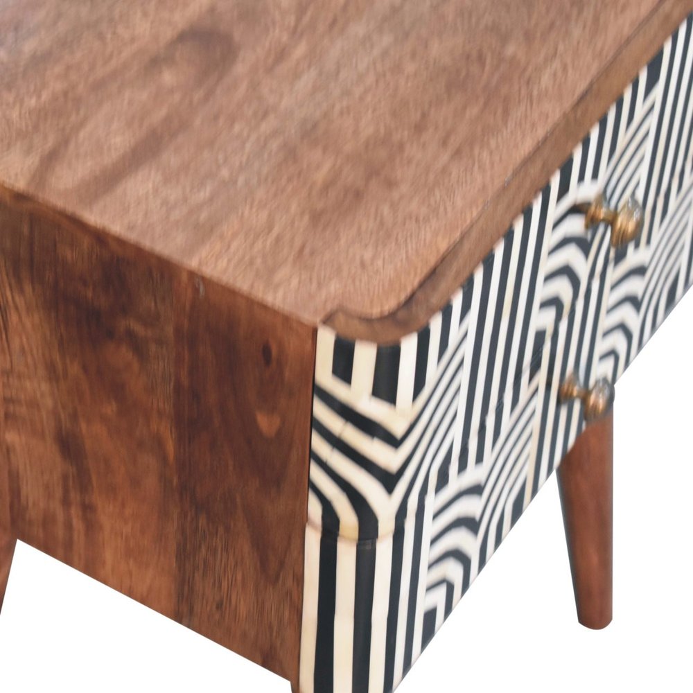 23" Black White And Brown Solid Wood Geometric Bone Inlay Two Drawer Nightstand HomeRoots