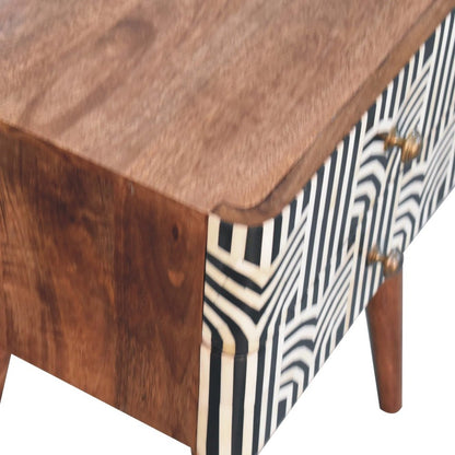 23" Black White And Brown Solid Wood Geometric Bone Inlay Two Drawer Nightstand HomeRoots