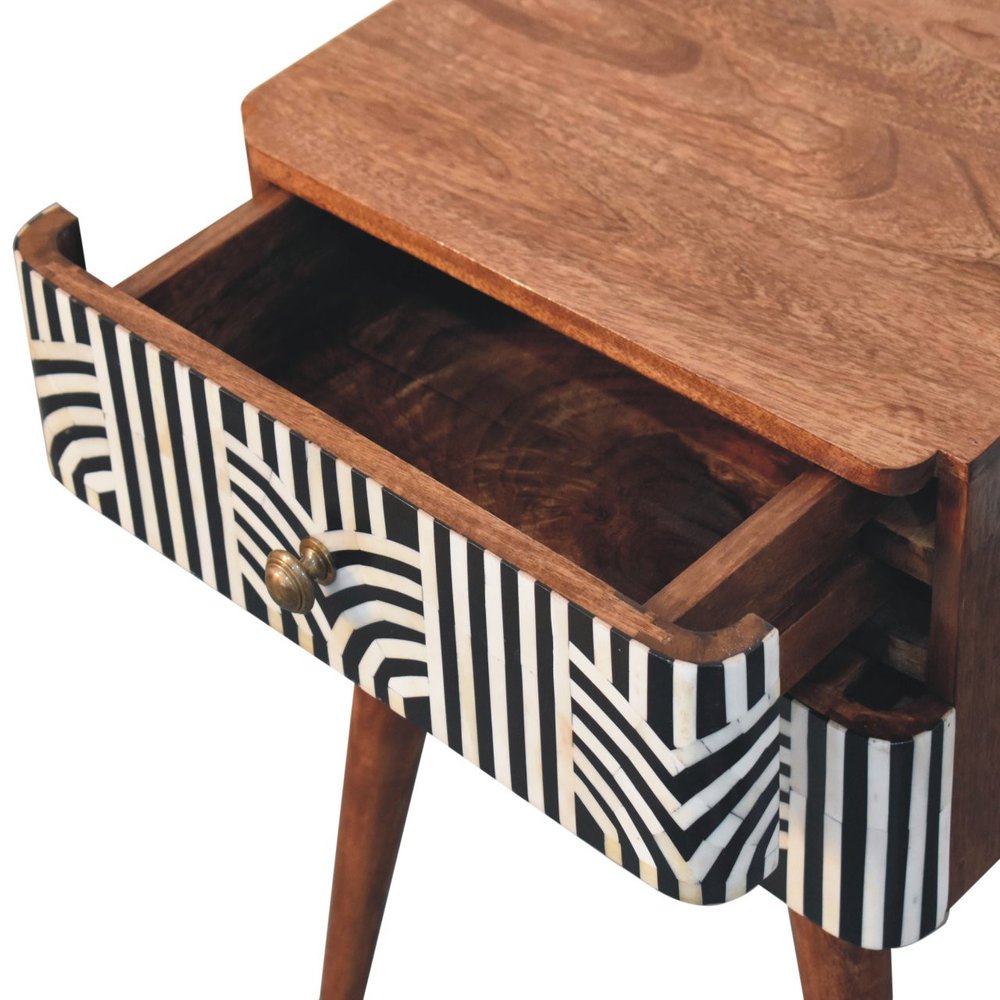 23" Black White And Brown Solid Wood Geometric Bone Inlay Two Drawer Nightstand HomeRoots