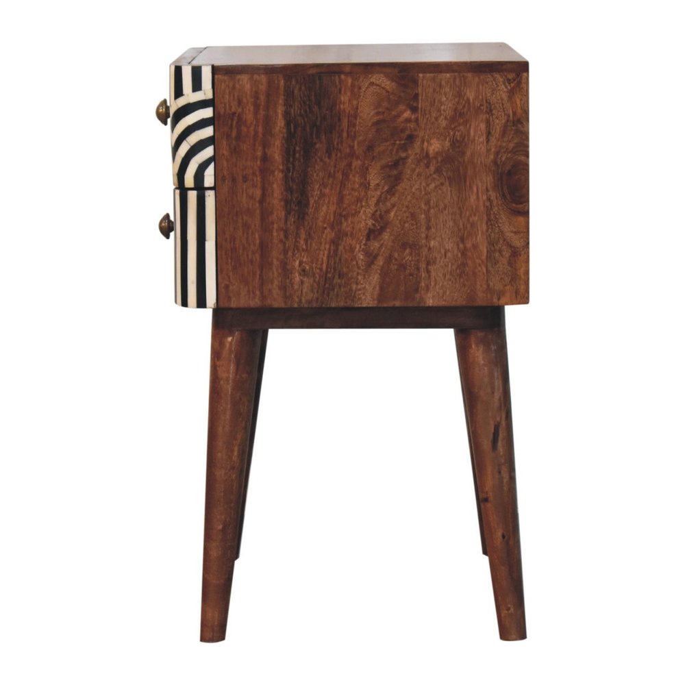 23" Black White And Brown Solid Wood Geometric Bone Inlay Two Drawer Nightstand HomeRoots