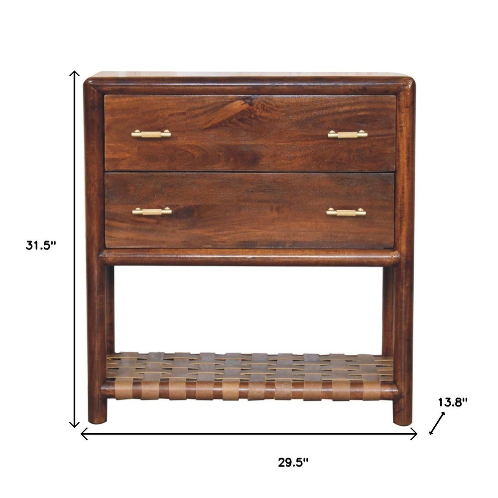 32" Brown Solid Wood Two Drawer Nightstand With Leather Shelf HomeRoots
