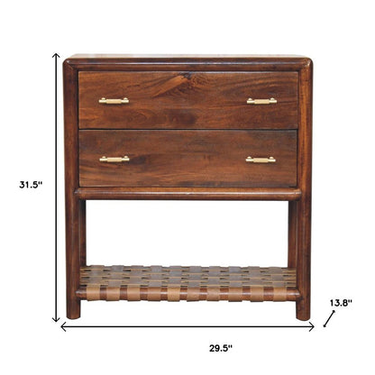 32" Brown Solid Wood Two Drawer Nightstand With Leather Shelf HomeRoots