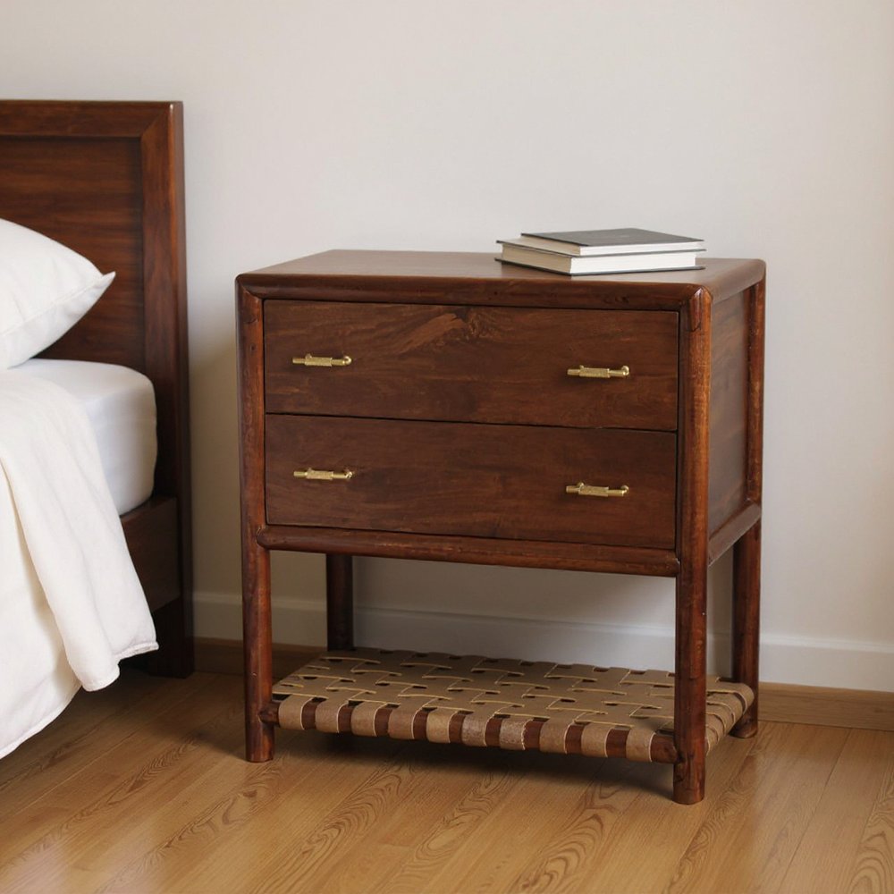 32" Brown Solid Wood Two Drawer Nightstand With Leather Shelf HomeRoots