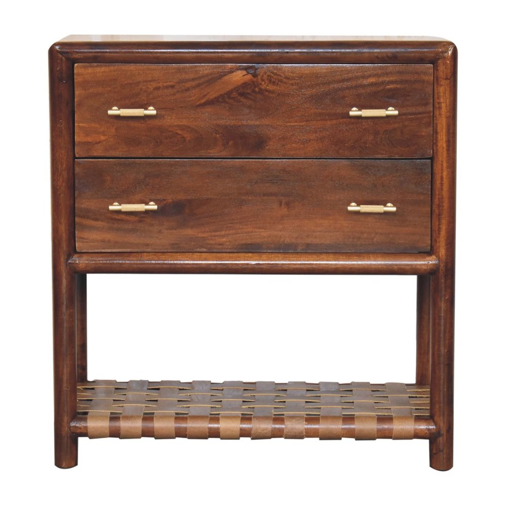 32" Brown Solid Wood Two Drawer Nightstand With Leather Shelf HomeRoots