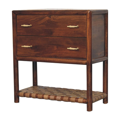 32" Brown Solid Wood Two Drawer Nightstand With Leather Shelf HomeRoots