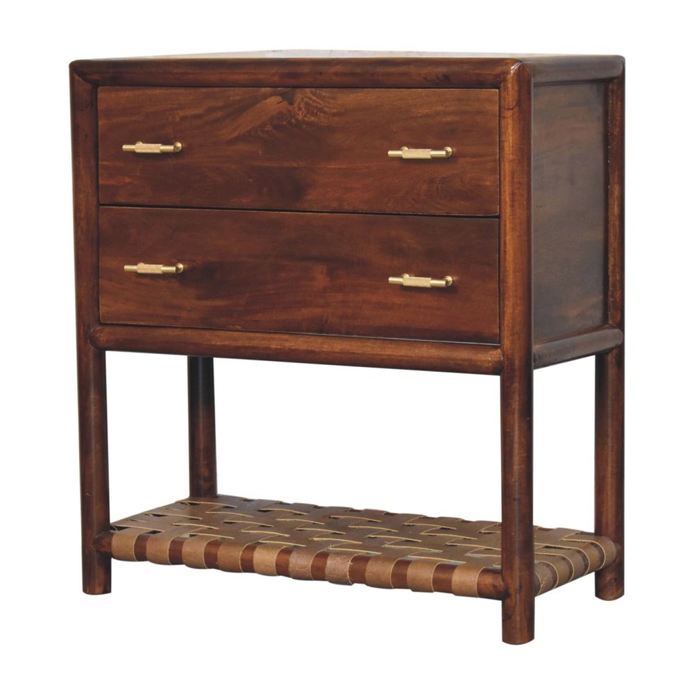 32" Brown Solid Wood Two Drawer Nightstand With Leather Shelf HomeRoots