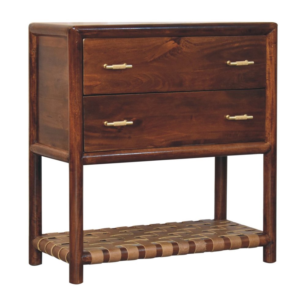 32" Brown Solid Wood Two Drawer Nightstand With Leather Shelf HomeRoots