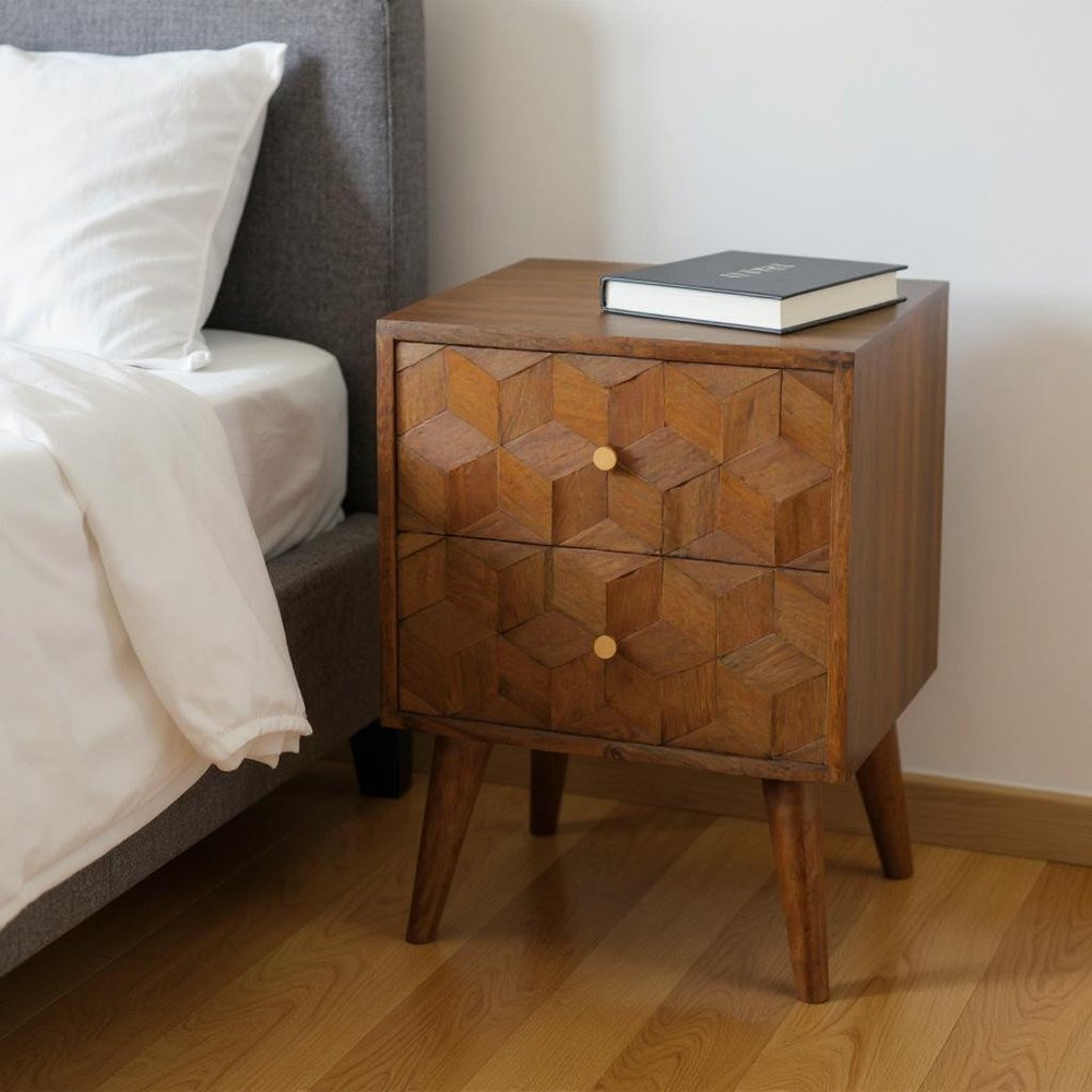 22" Chestnut Solid Wood Carved Geometric Two Drawer Nightstand HomeRoots