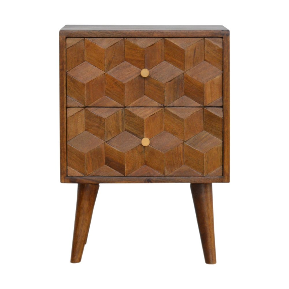 22" Chestnut Solid Wood Carved Geometric Two Drawer Nightstand HomeRoots