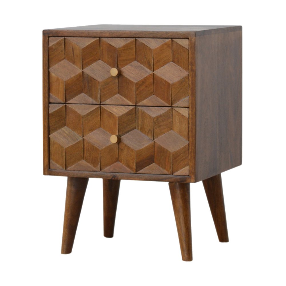 22" Chestnut Solid Wood Carved Geometric Two Drawer Nightstand HomeRoots