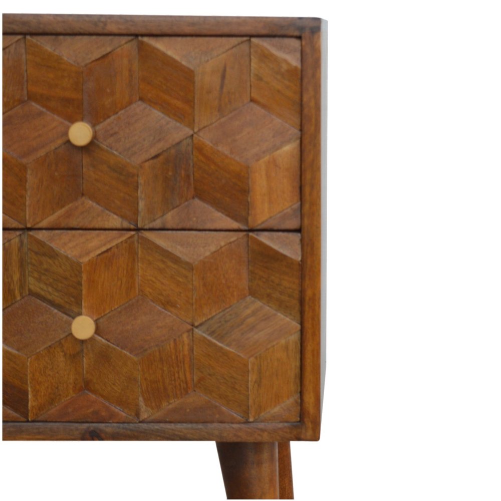 22" Chestnut Solid Wood Carved Geometric Two Drawer Nightstand HomeRoots
