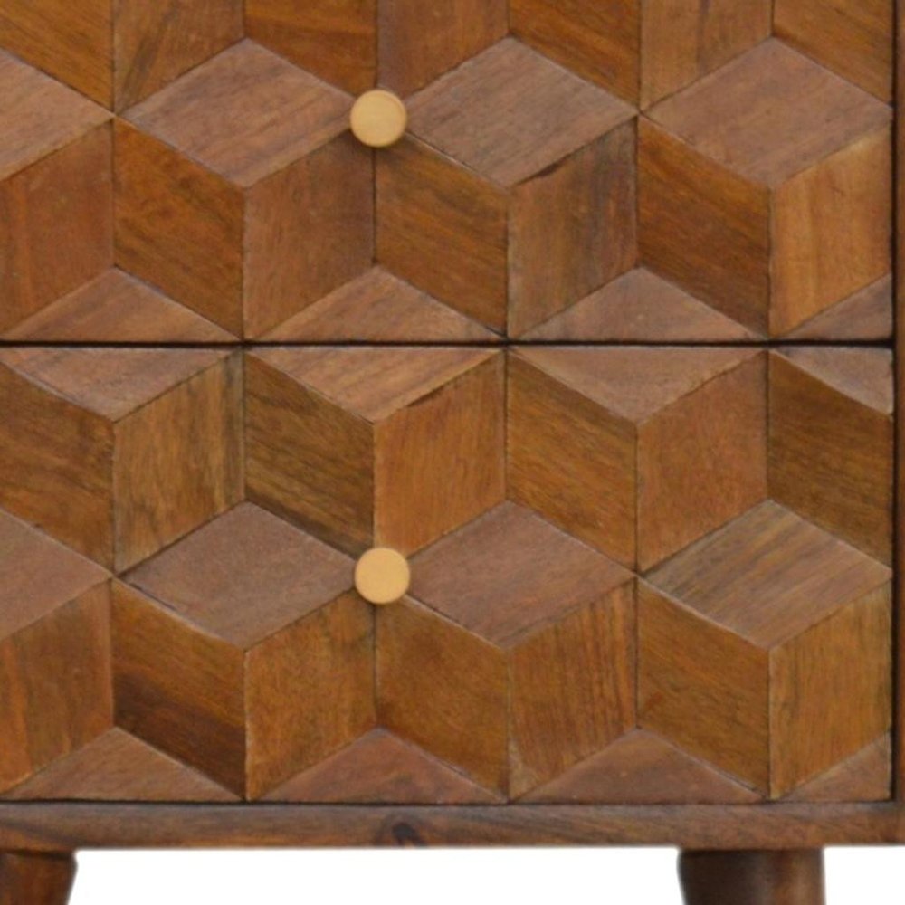 22" Chestnut Solid Wood Carved Geometric Two Drawer Nightstand HomeRoots
