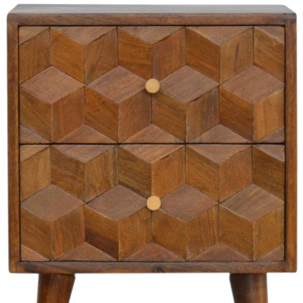 22" Chestnut Solid Wood Carved Geometric Two Drawer Nightstand HomeRoots