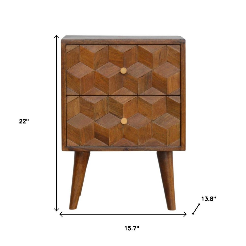 22" Chestnut Solid Wood Carved Geometric Two Drawer Nightstand HomeRoots