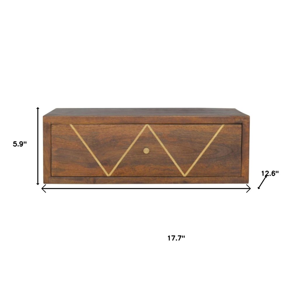 18" Brown Solid Wood Geometric Brass Inlay One Drawer Floating Nightstand HomeRoots