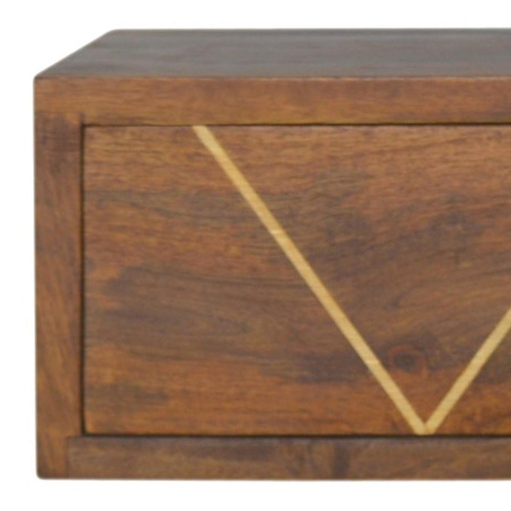 18" Brown Solid Wood Geometric Brass Inlay One Drawer Floating Nightstand HomeRoots