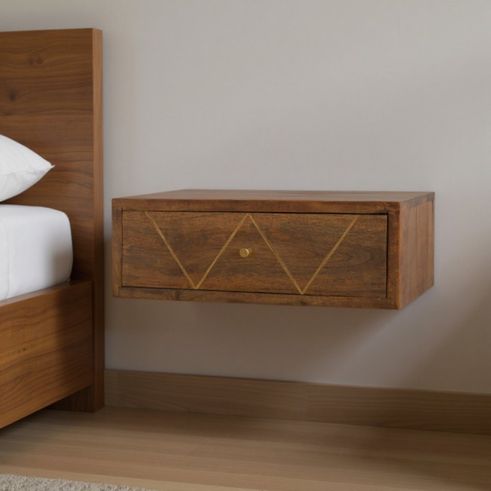 18" Brown Solid Wood Geometric Brass Inlay One Drawer Floating Nightstand HomeRoots
