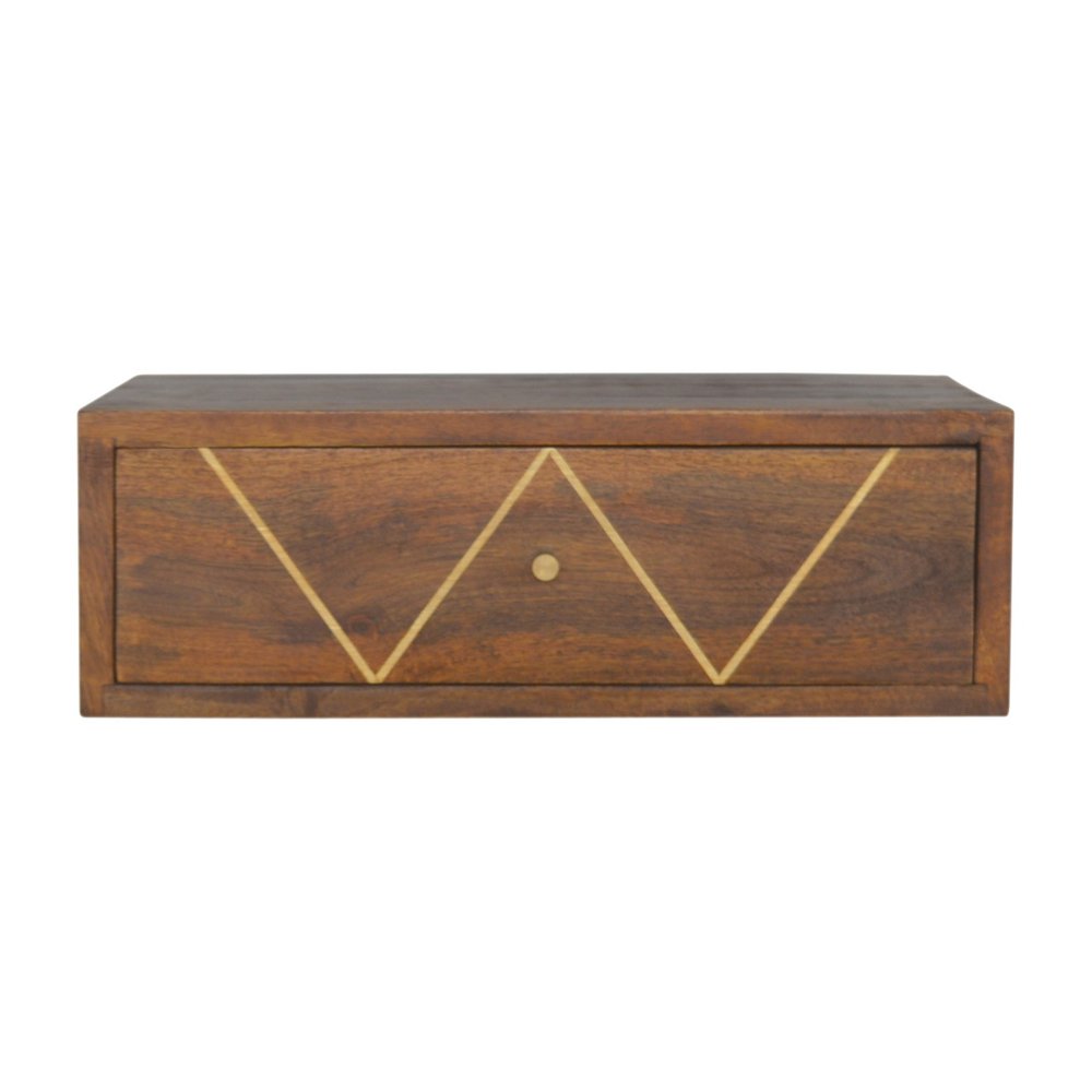 18" Brown Solid Wood Geometric Brass Inlay One Drawer Floating Nightstand HomeRoots