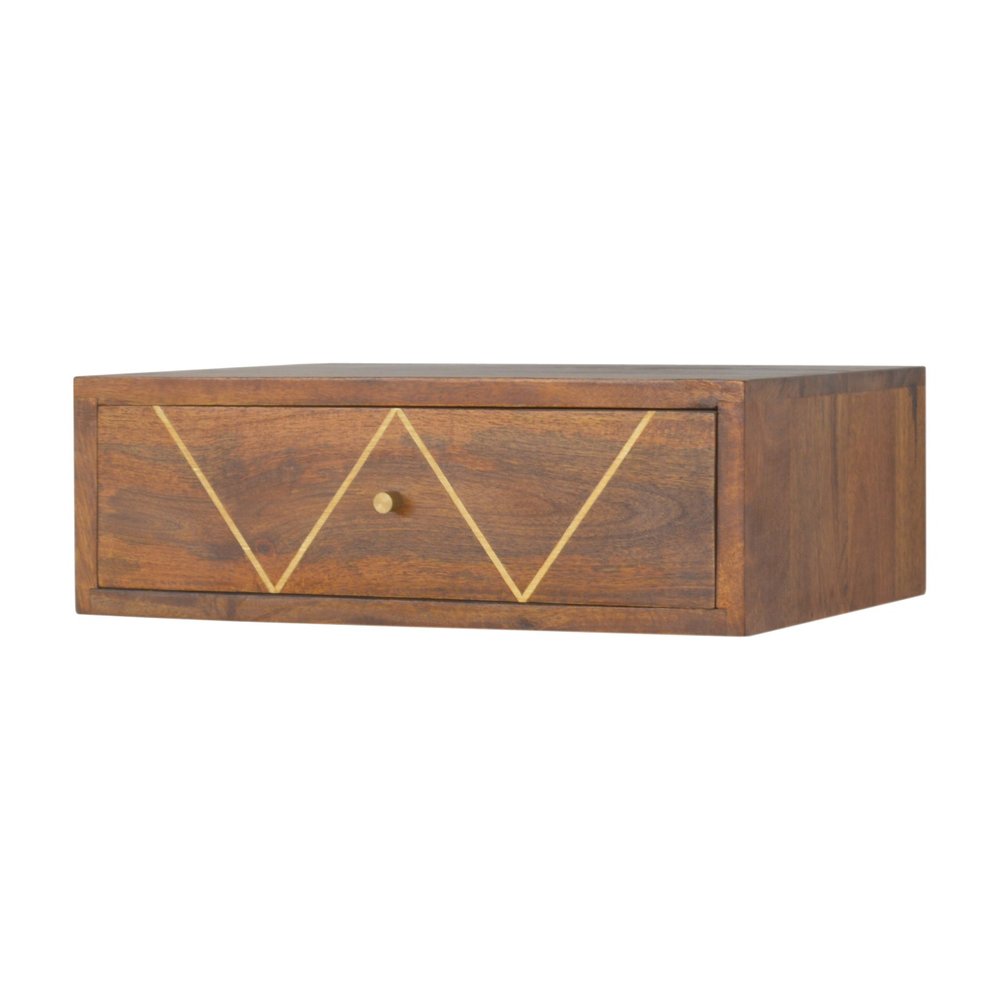 18" Brown Solid Wood Geometric Brass Inlay One Drawer Floating Nightstand HomeRoots