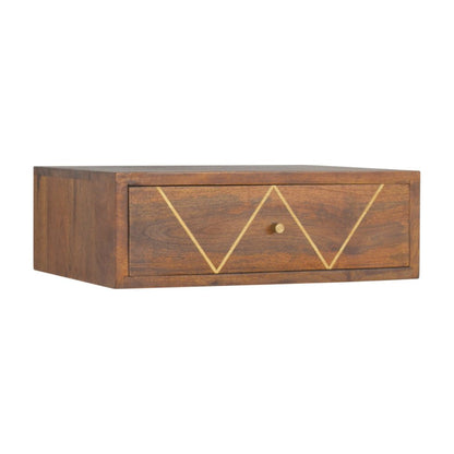 18" Brown Solid Wood Geometric Brass Inlay One Drawer Floating Nightstand HomeRoots