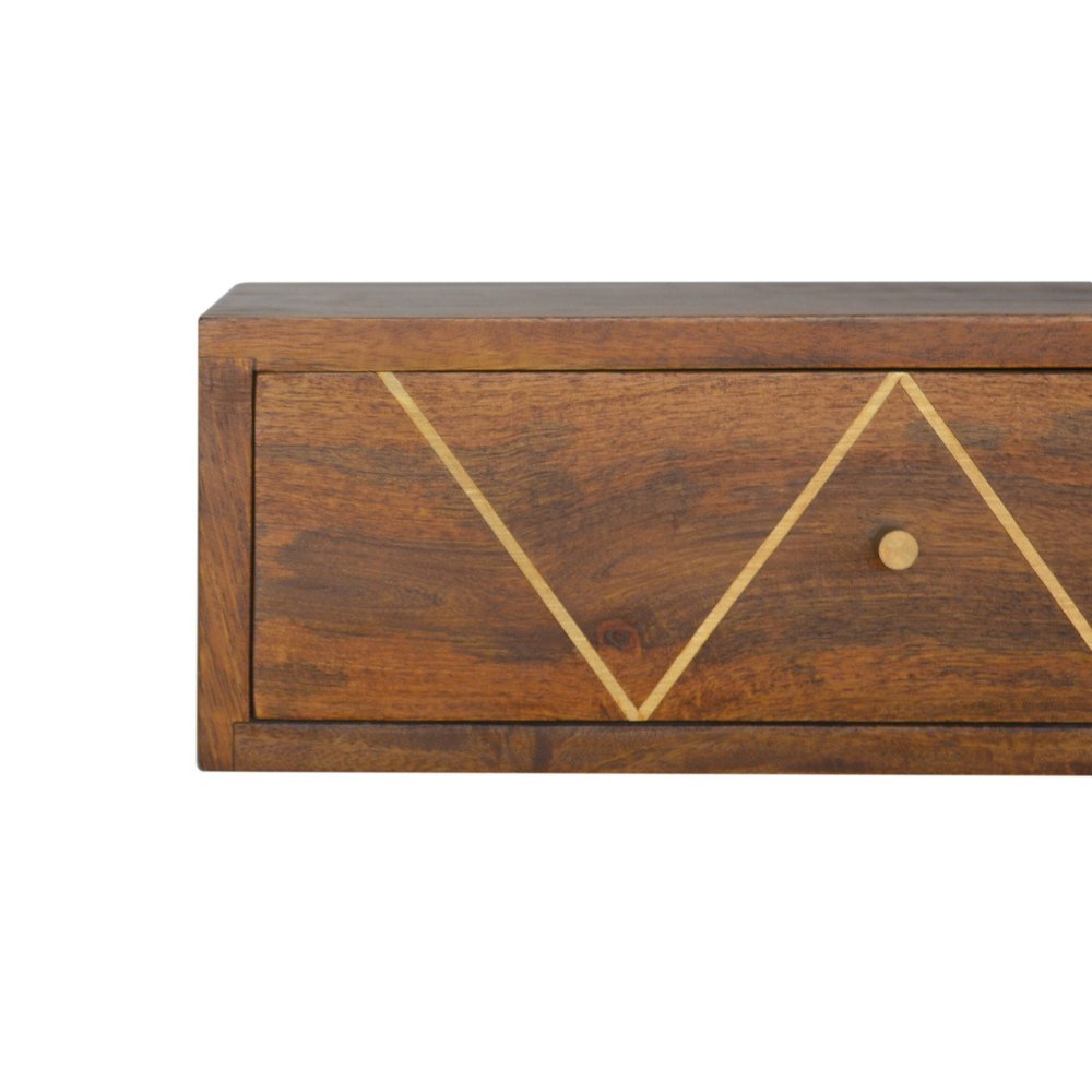 18" Brown Solid Wood Geometric Brass Inlay One Drawer Floating Nightstand HomeRoots