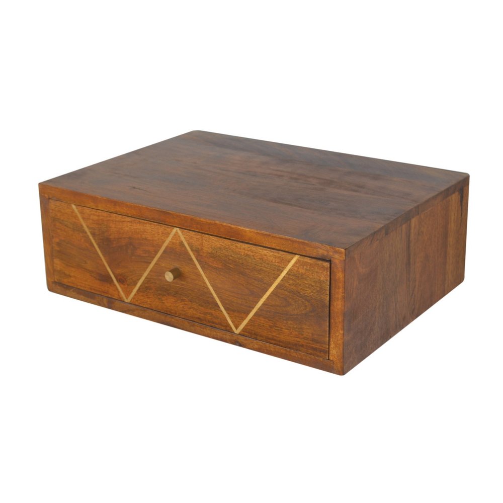 18" Brown Solid Wood Geometric Brass Inlay One Drawer Floating Nightstand HomeRoots