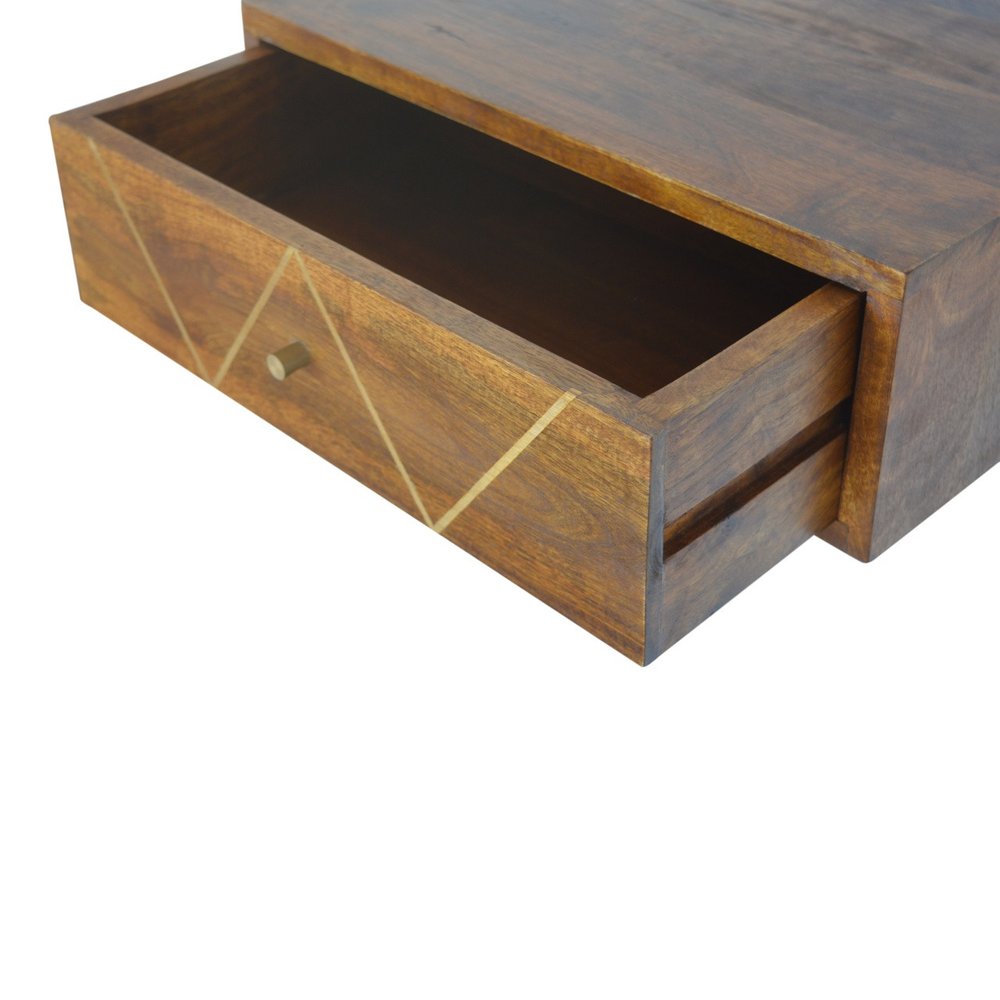 18" Brown Solid Wood Geometric Brass Inlay One Drawer Floating Nightstand HomeRoots