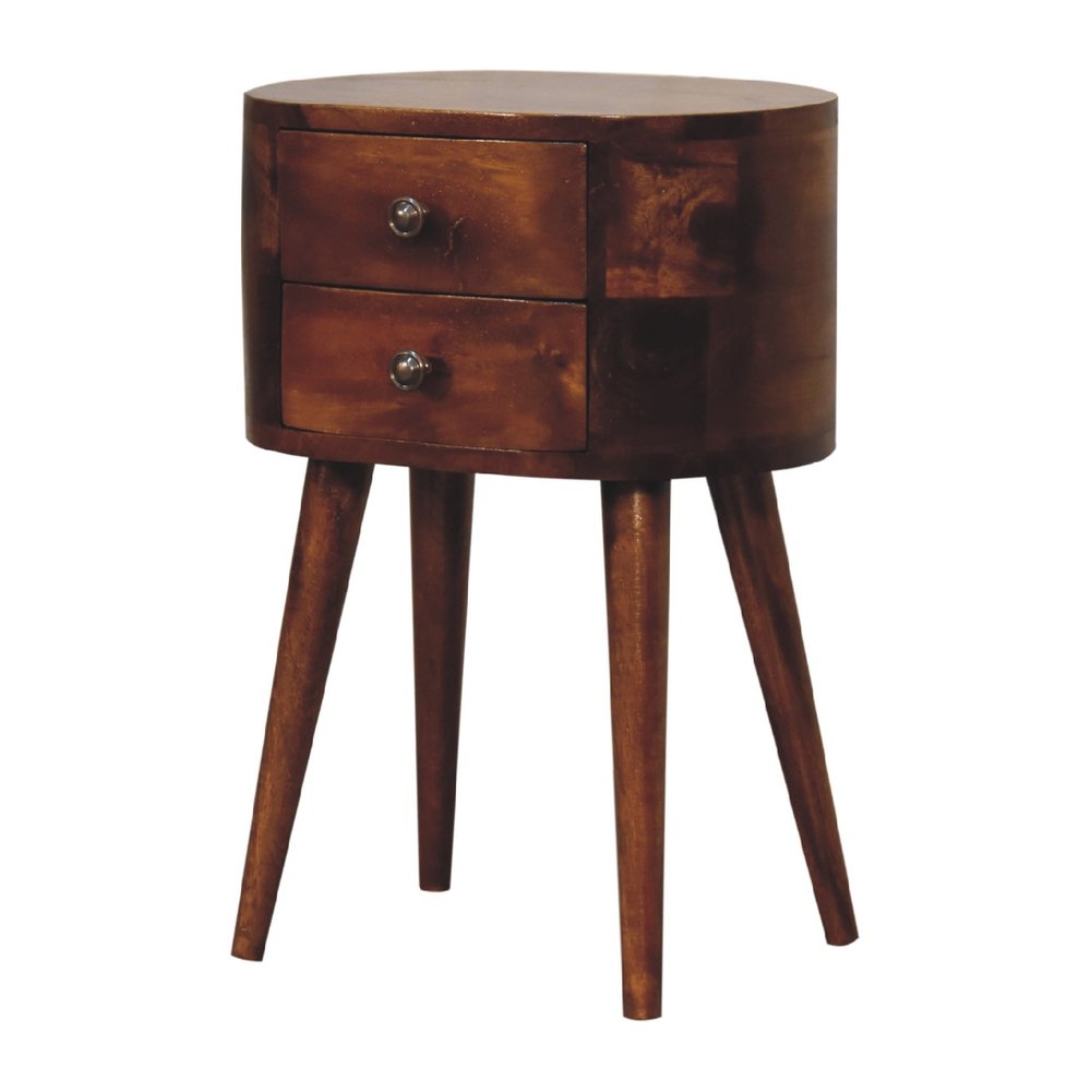 20" Brown Solid Wood Oval Distressed Two Drawer Nightstand — view 2