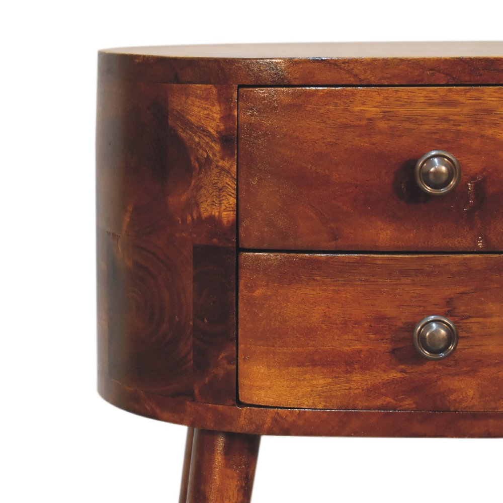 20" Brown Solid Wood Oval Distressed Two Drawer Nightstand — view 3