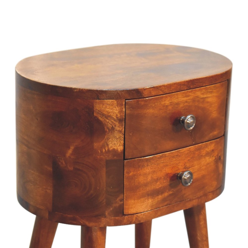 20" Brown Solid Wood Oval Distressed Two Drawer Nightstand — view 4