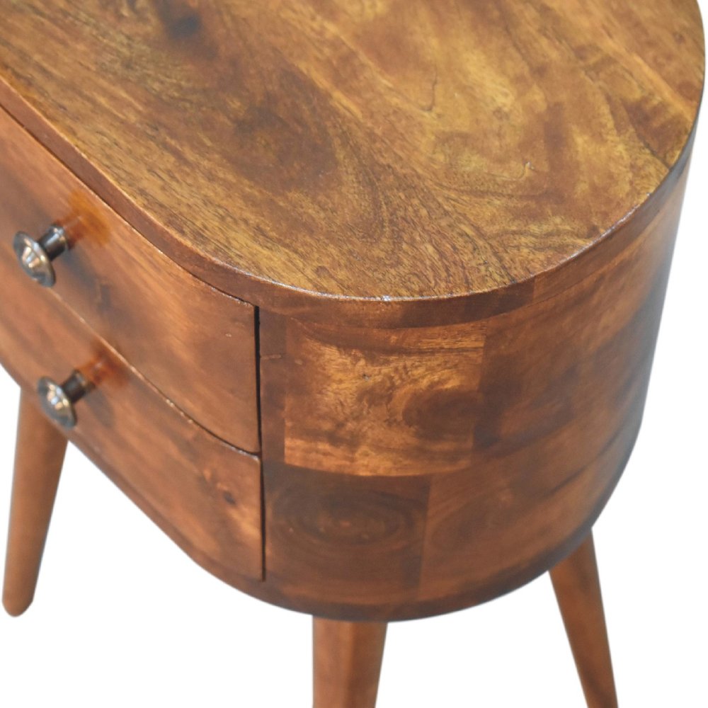 20" Brown Solid Wood Oval Distressed Two Drawer Nightstand — view 5