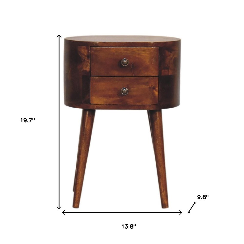 20" Brown Solid Wood Oval Distressed Two Drawer Nightstand — view 8