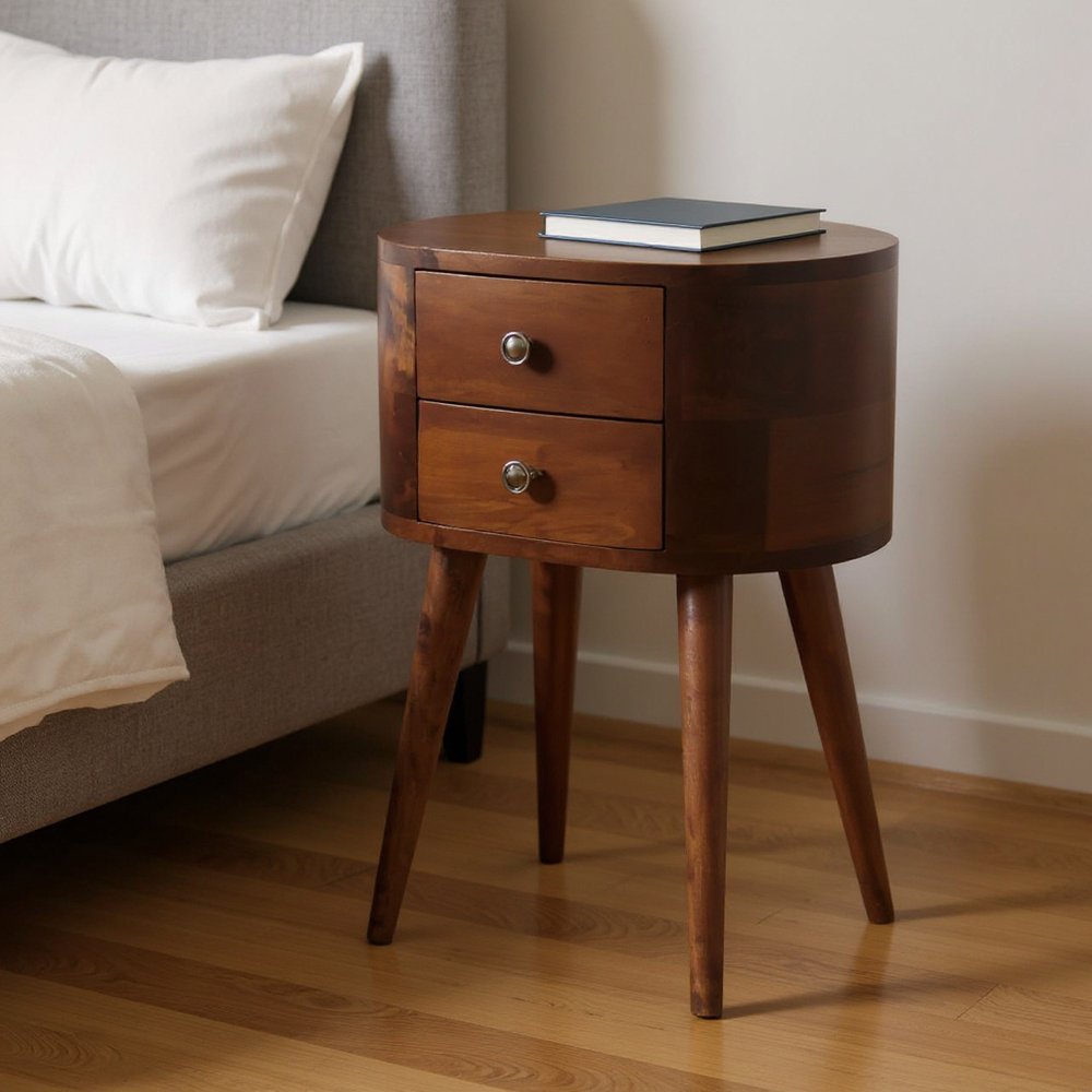 20" Brown Solid Wood Oval Distressed Two Drawer Nightstand — view 9