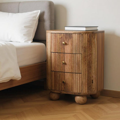 23" Natural Solid Wood Ribbed Texture Round Three Drawer Nightstand HomeRoots