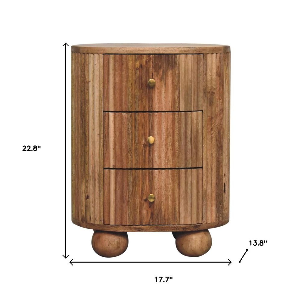 23" Natural Solid Wood Ribbed Texture Round Three Drawer Nightstand HomeRoots