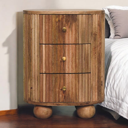 23" Natural Solid Wood Ribbed Texture Round Three Drawer Nightstand HomeRoots