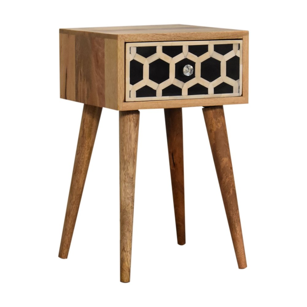 20" Black White And Brown Solid Wood Geometric Bone Inlay One Drawer Nightstand HomeRoots