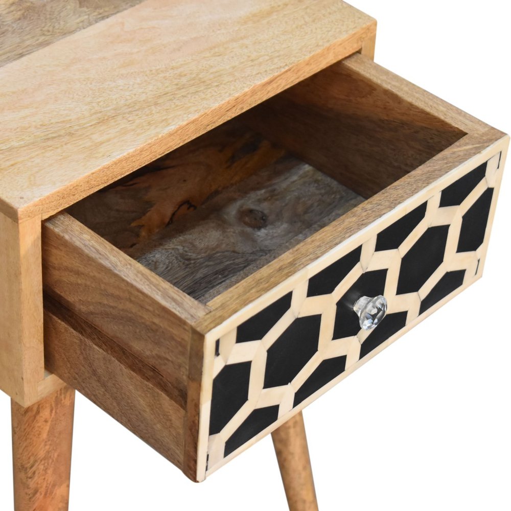 20" Black White And Brown Solid Wood Geometric Bone Inlay One Drawer Nightstand HomeRoots
