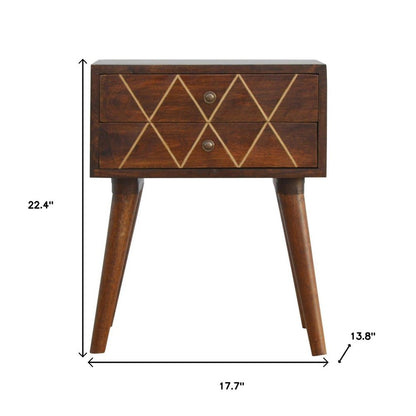 22" Chestnut Solid Wood Geometric Brass Inlay Two Drawer Nightstand HomeRoots