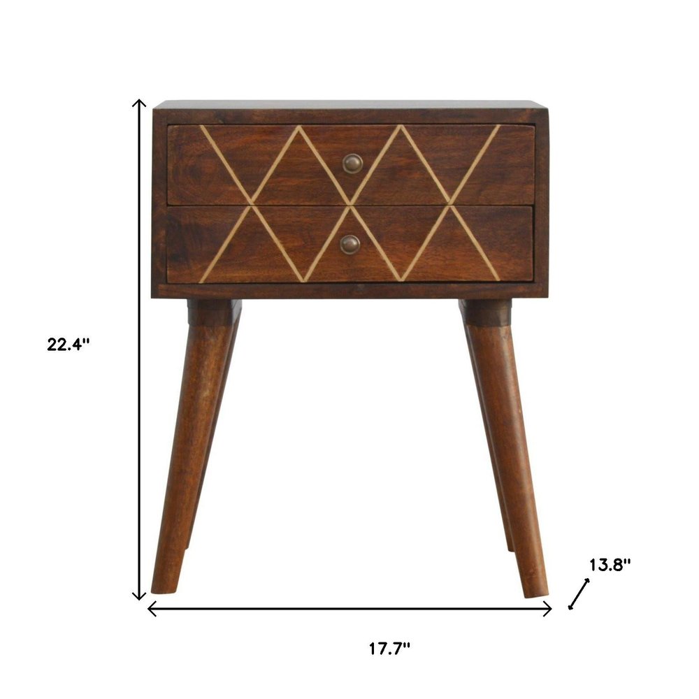 22" Chestnut Solid Wood Geometric Brass Inlay Two Drawer Nightstand HomeRoots