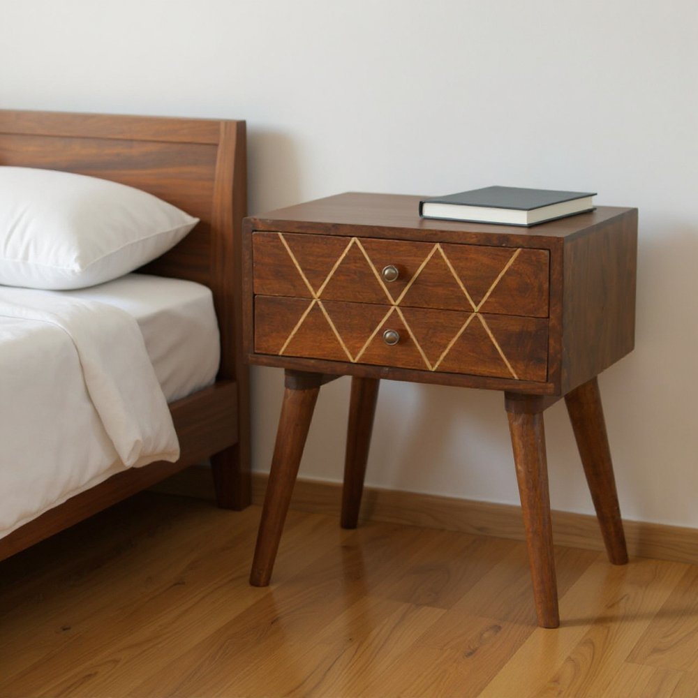 22" Chestnut Solid Wood Geometric Brass Inlay Two Drawer Nightstand HomeRoots