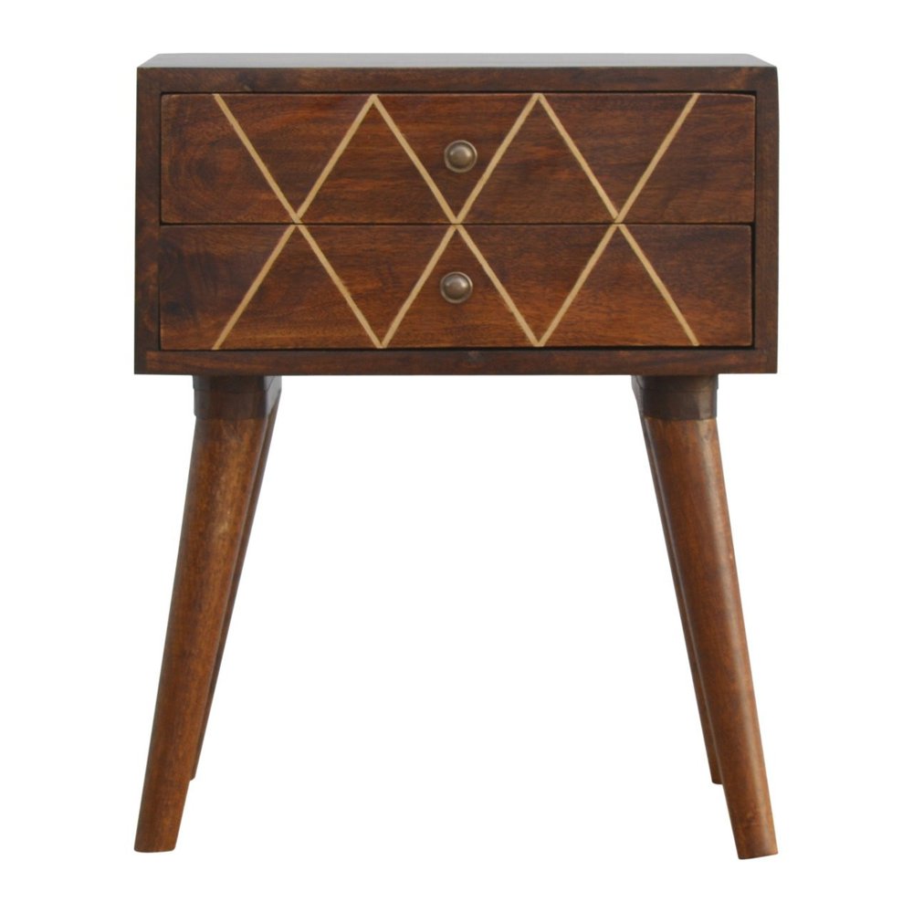 22" Chestnut Solid Wood Geometric Brass Inlay Two Drawer Nightstand HomeRoots