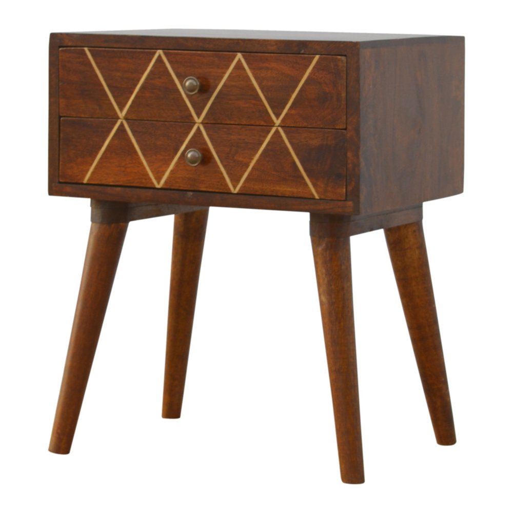 22" Chestnut Solid Wood Geometric Brass Inlay Two Drawer Nightstand HomeRoots