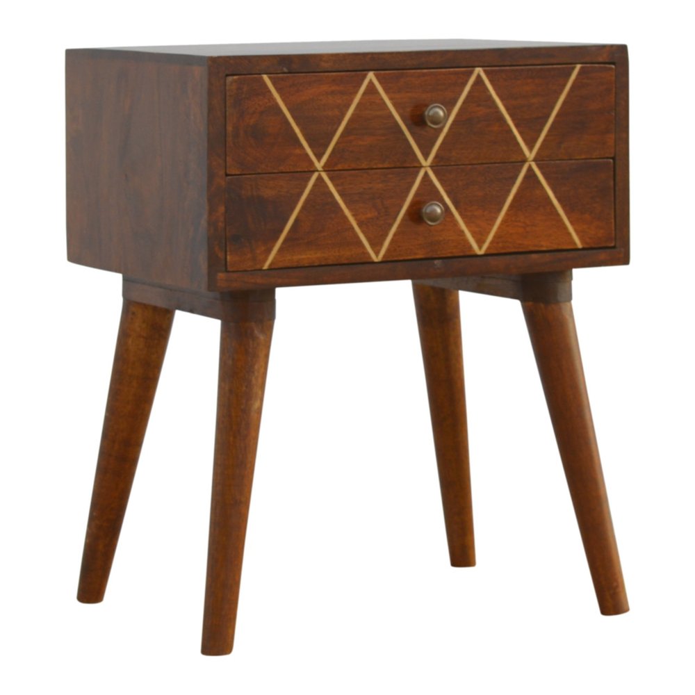 22" Chestnut Solid Wood Geometric Brass Inlay Two Drawer Nightstand HomeRoots