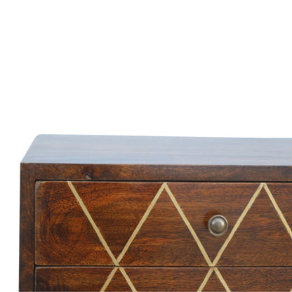 22" Chestnut Solid Wood Geometric Brass Inlay Two Drawer Nightstand HomeRoots