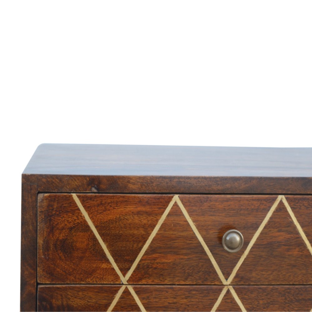 22" Chestnut Solid Wood Geometric Brass Inlay Two Drawer Nightstand HomeRoots