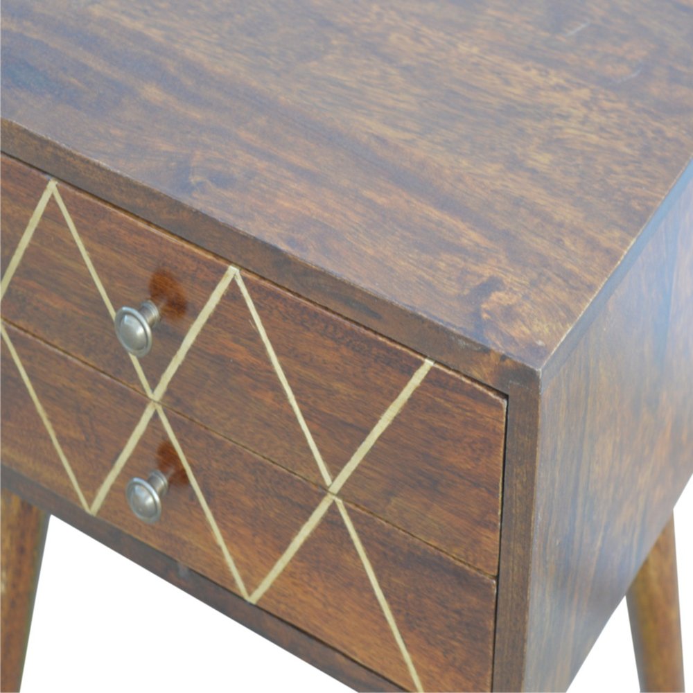 22" Chestnut Solid Wood Geometric Brass Inlay Two Drawer Nightstand HomeRoots