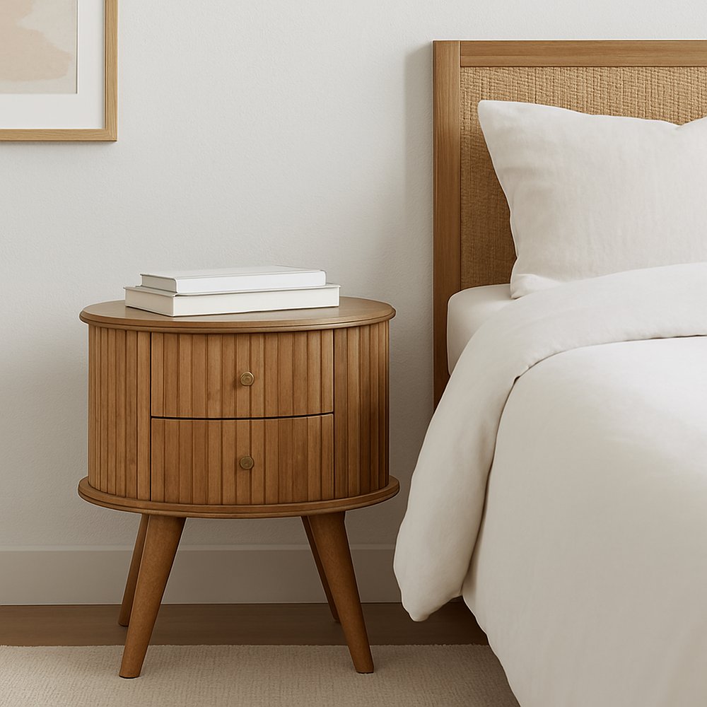 20" Natural Solid Wood Oval Ribbed Texture Two Drawer Nightstand HomeRoots