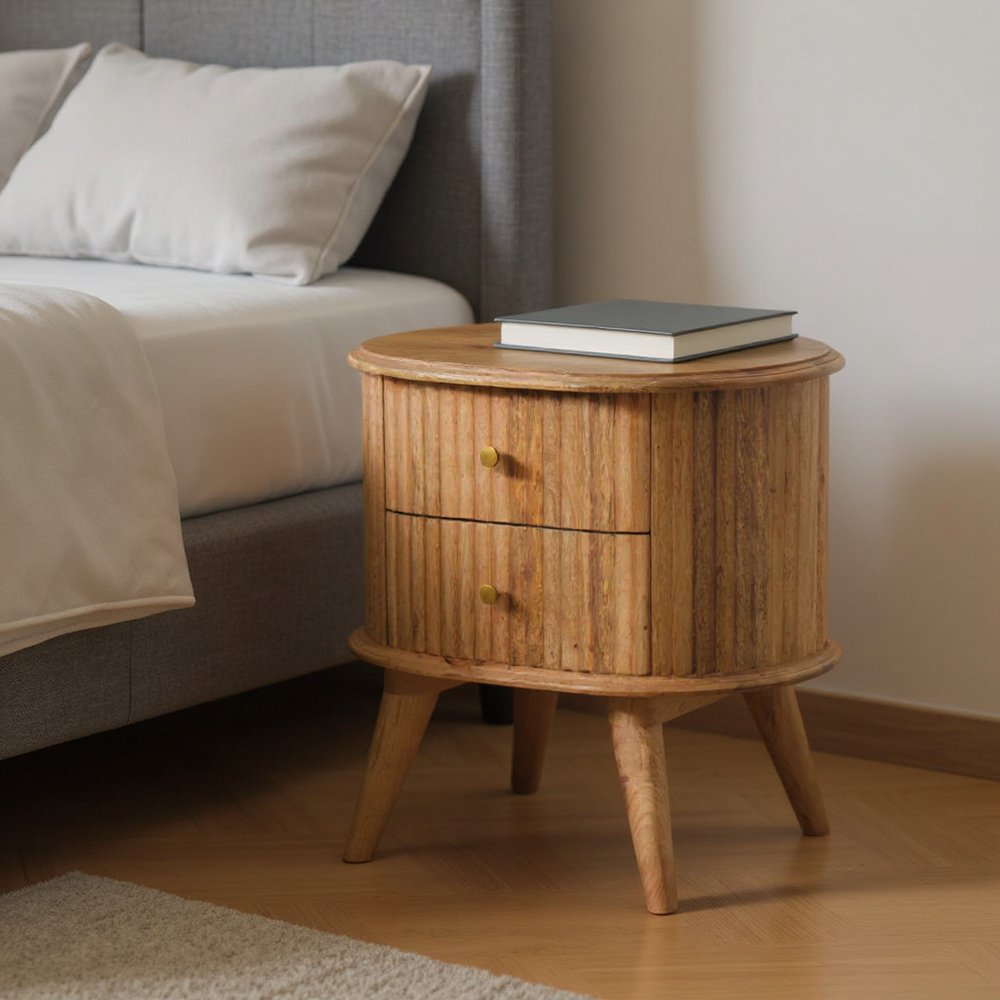 20" Natural Solid Wood Oval Ribbed Texture Two Drawer Nightstand HomeRoots